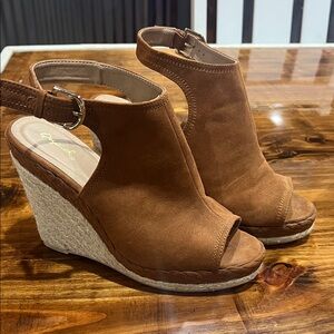 Qupid Brown Peep-Toe Wedges
